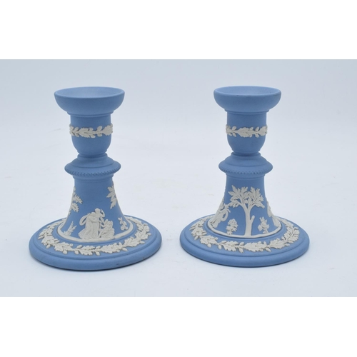 88B - A pair of Wedgwood blue Jasperware candlesticks (2). 12.5cm tall. In good condition with no obvious ... 