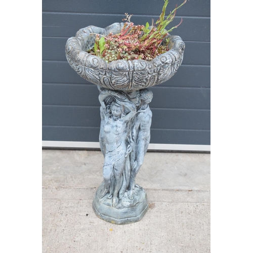 301L - A vintage garden birdbath / planter depicting the Three Graces 84cm tall.