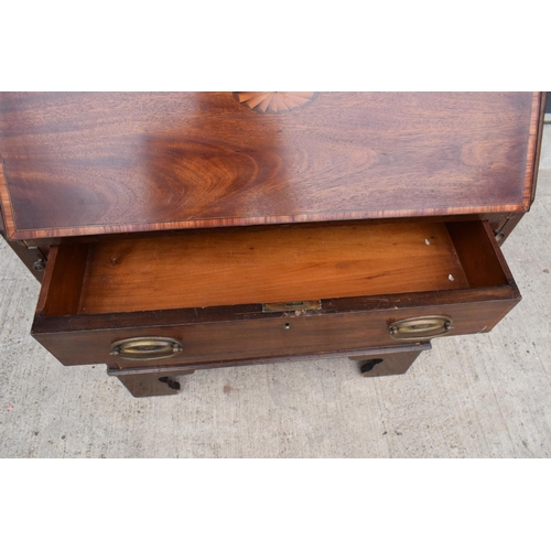 390 - A 19th century inlaid mahogany bureau with the fall front revealing a fitted interior inlaid with a ... 