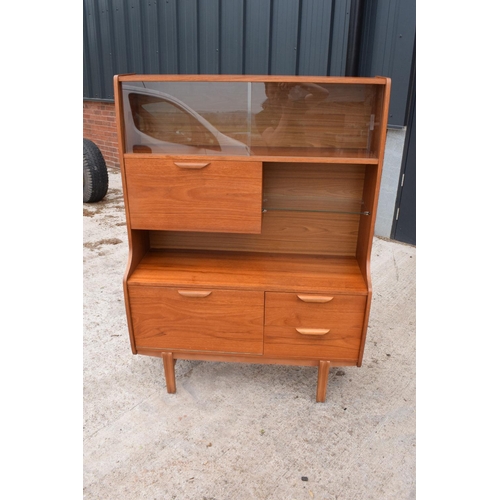 393 - A good mid century teak or similar wood cabinet / sideboard with glass sliding doors and drawers etc... 