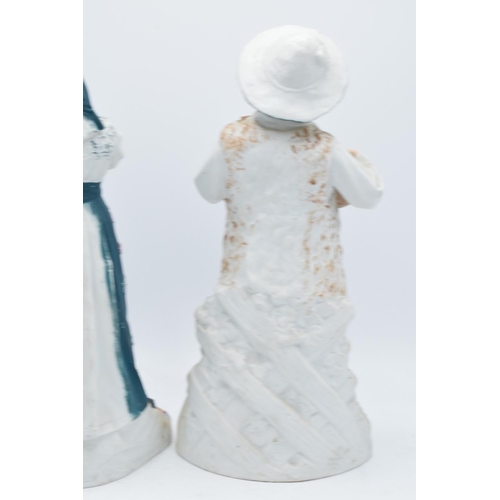 95B - A pair of early 20th century Continental bisque figures depicting a boy and a girl playing instrumen... 