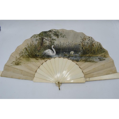 262A - 19th century bone/ ivory ladies folding fan depicting traditional scenes of a swan amongst foliage o... 