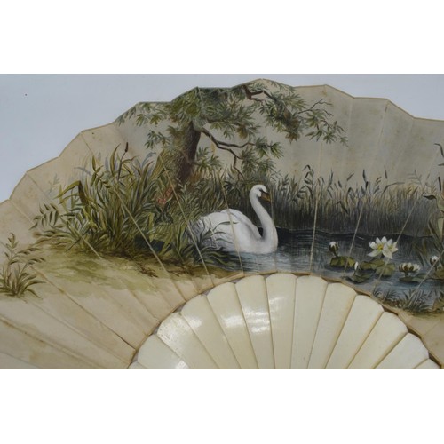 262A - 19th century bone/ ivory ladies folding fan depicting traditional scenes of a swan amongst foliage o... 