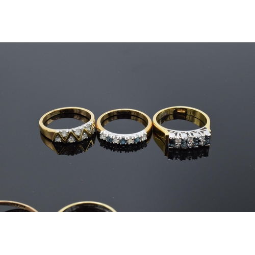 215P - Three 9ct gold & yellow coloured metal rings testing as 9ct gold, together with YCM seed pearl brooc... 