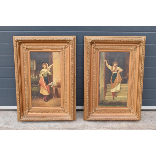 80 - A pair of 19th century oil paintings on canvas depicting pretty ladies in room settings. Indistinctl... 