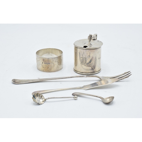 340 - Small group of silver including mustard pot, napkin ring, pickle fork, butter knife and salt spoons,... 