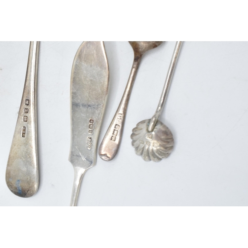 340 - Small group of silver including mustard pot, napkin ring, pickle fork, butter knife and salt spoons,... 