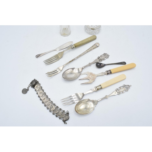 347 - Assorted silver plated cutlery, coin bracelet etc. together with glass and hallmarked silver salt an... 