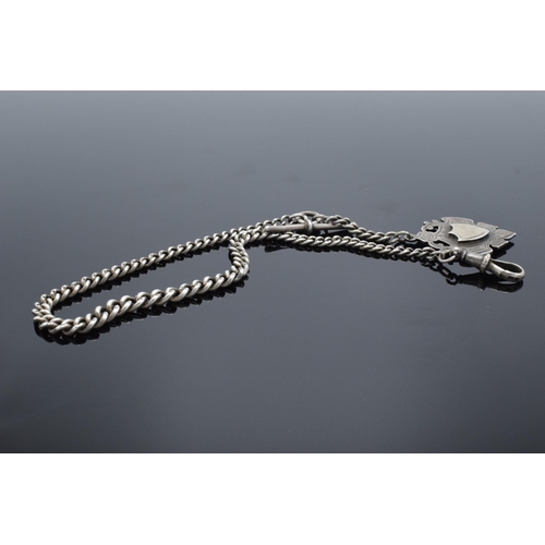 357 - A hallmarked silver Albert watch chain with bar and shield fob. 35cm long. 24.7 grams.