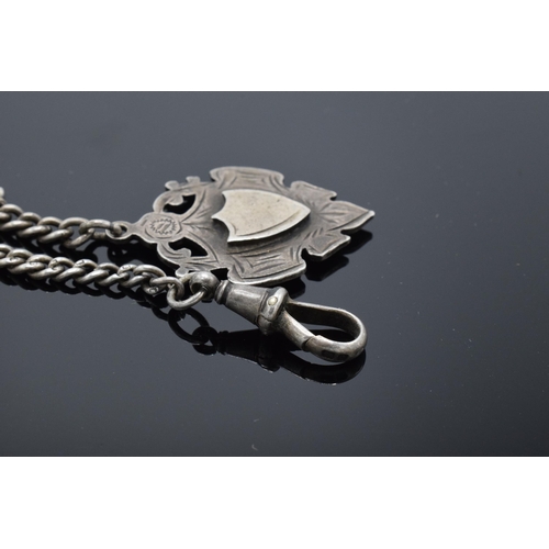 357 - A hallmarked silver Albert watch chain with bar and shield fob. 35cm long. 24.7 grams.