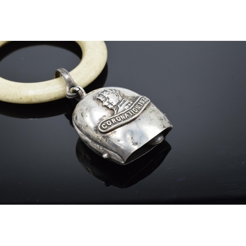 362 - A silver babies bell with teething ring hallmarked for Birmingham 1936 for the Coronation of 1937.