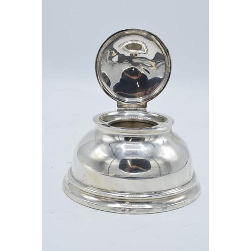 376 - Large hallmarked silver inkwell with hinged lid. Birmingham 1927. 12cm widest diameter. No liner. So... 