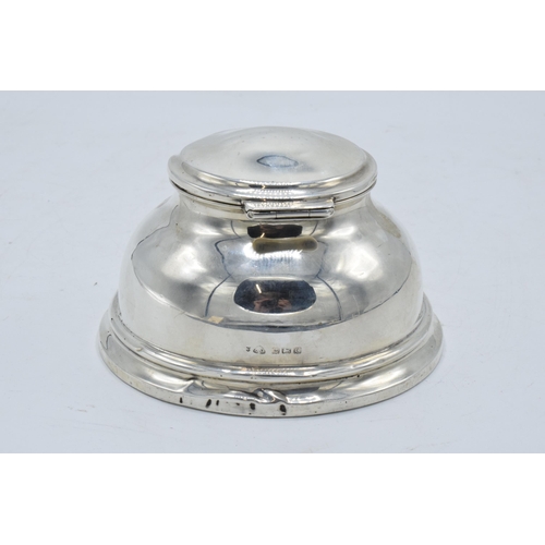 376 - Large hallmarked silver inkwell with hinged lid. Birmingham 1927. 12cm widest diameter. No liner. So... 