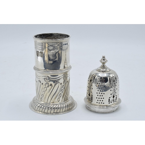 377 - Large ornate silver sugar sifter / caster. 258.5 grams.  Hallmarks on body rubbed. 19.5cm tall. In g... 