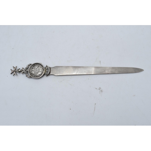 398 - A silver Maltese letter opener with an inset silver Italian coin. 24cm long. 50.5 grams.