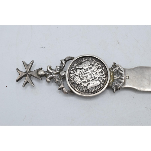 398 - A silver Maltese letter opener with an inset silver Italian coin. 24cm long. 50.5 grams.