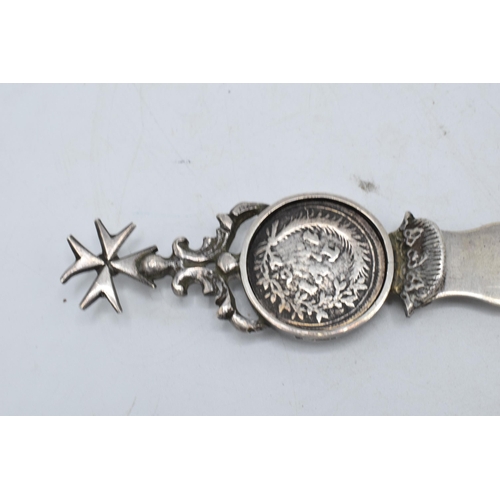 398 - A silver Maltese letter opener with an inset silver Italian coin. 24cm long. 50.5 grams.