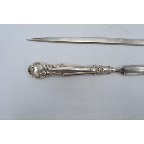 400 - A silver handled letter opener together with a silver plated meat skewer (2).