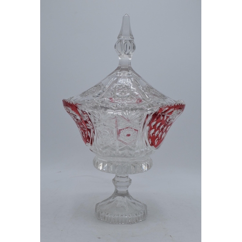 25 - A 20th century Bohemia glass lidded vase with red decoration. In good condition with no obvious dama... 