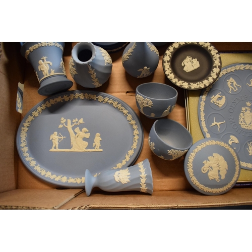 81 - A collection of Wedgwood Jasperware items in different colours such as blue, dark blue and black to ... 