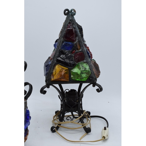 92 - A 1960s wrought iron and coloured glass table lamp together with a hanging lantern, believed to be m... 