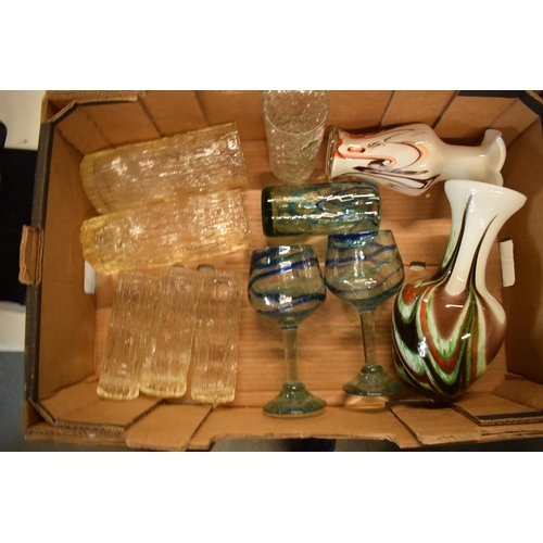 94A - A collection of assorted art / studio glass in the form of  vases with bark effect design, glasses e... 