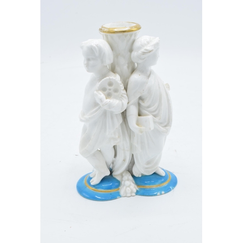 97 - Late 19th century Continental porcelain candlestick or similar item depicting cherubs wearing robes ... 