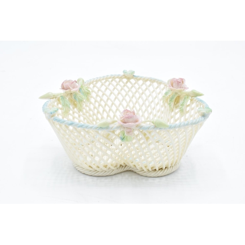 44 - Belleek of Ireland trefoil-shaped weave basket with floral decoration with painted highlights. In go... 