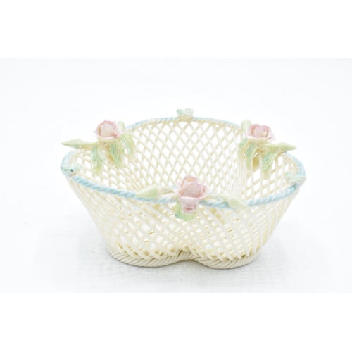 44 - Belleek of Ireland trefoil-shaped weave basket with floral decoration with painted highlights. In go... 