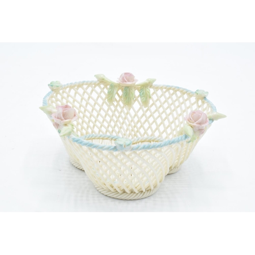 44 - Belleek of Ireland trefoil-shaped weave basket with floral decoration with painted highlights. In go... 