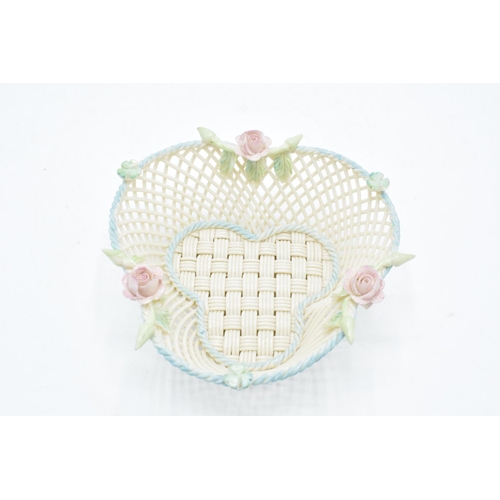 44 - Belleek of Ireland trefoil-shaped weave basket with floral decoration with painted highlights. In go... 