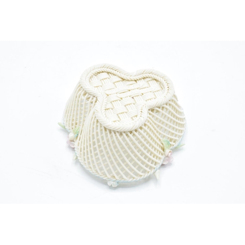 44 - Belleek of Ireland trefoil-shaped weave basket with floral decoration with painted highlights. In go... 