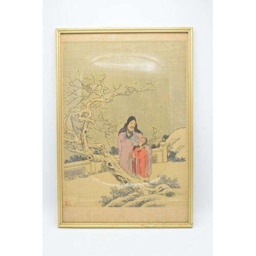 80B - Meiji Japanese woodblock print depicting
snowy mountain scene with man and young
girl in front of ch... 