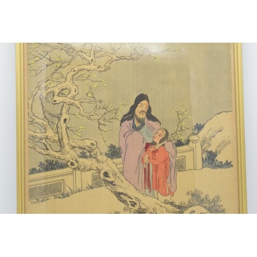 80B - Meiji Japanese woodblock print depicting
snowy mountain scene with man and young
girl in front of ch... 