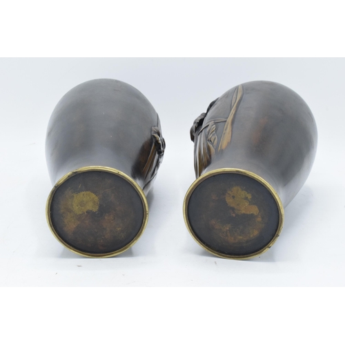 85A - A quality pair of late 19th century Japanese Meiji period
(1868 - 1912) patinated bronze vases
decor... 