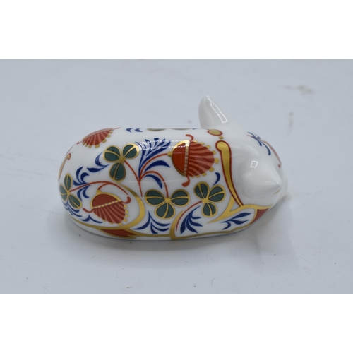 55A - Boxed Royal Crown Derby paperweight in the form of a Sleeping Piglet. First quality with stopper. In... 