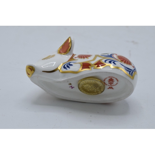 55A - Boxed Royal Crown Derby paperweight in the form of a Sleeping Piglet. First quality with stopper. In... 