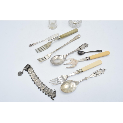 181 - Assorted silver plated cutlery, coin bracelet etc. together with glass and hallmarked silver salt an... 
