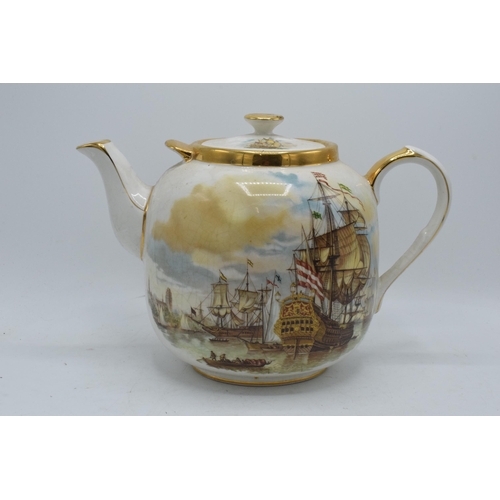 104 - A large Sadler punch pot / tea pot with transfer decoration depicting ships, vessels and galleons. 2... 