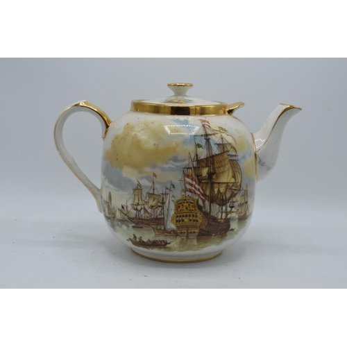 104 - A large Sadler punch pot / tea pot with transfer decoration depicting ships, vessels and galleons. 2... 