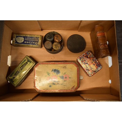 211 - A collection of vintage tins and a fake book money box together with a tin of spices to include Clov... 