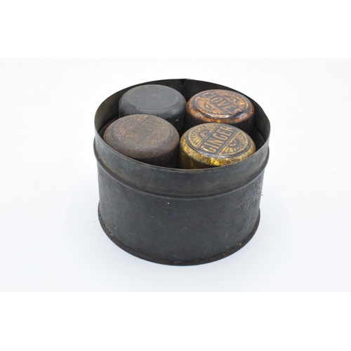 211 - A collection of vintage tins and a fake book money box together with a tin of spices to include Clov... 