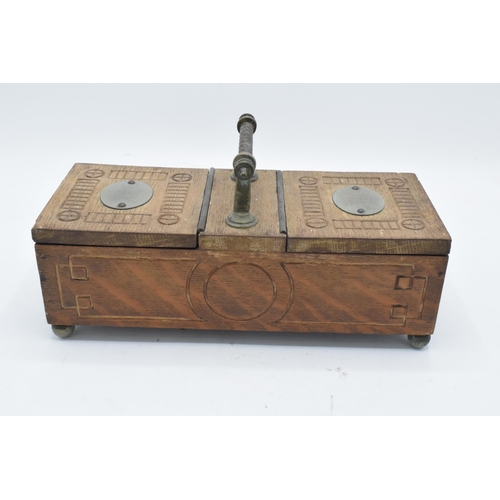 215 - Early 20th century wooden storage chest with 2 lift up lids with carved detailing (potentially an ap... 