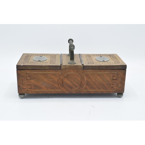 215 - Early 20th century wooden storage chest with 2 lift up lids with carved detailing (potentially an ap... 