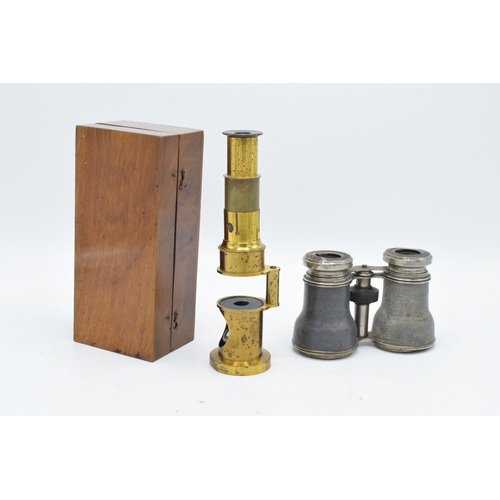 216 - A pair of items to include a late 19th / early 20th century drum microscope (14cm tall) in a fitted ... 