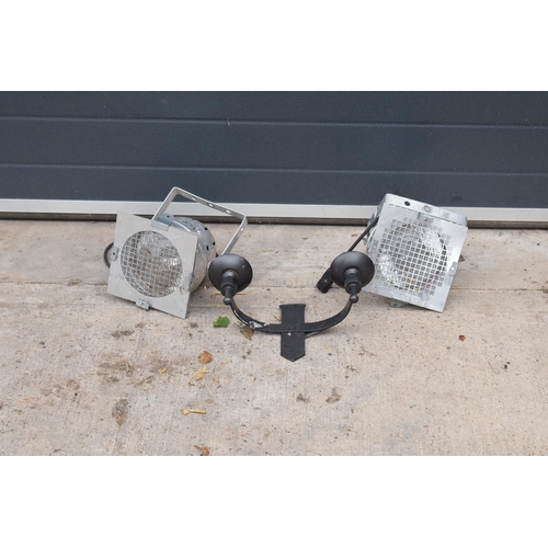 221 - A trio of metal stage lights together with a wall light fitting (4). All untested.