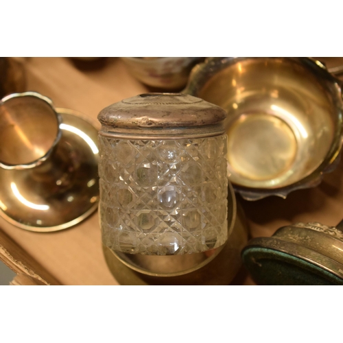 239 - A collection of silver plate and metalware to include a hallmarked silver topped glass jar, plated t... 