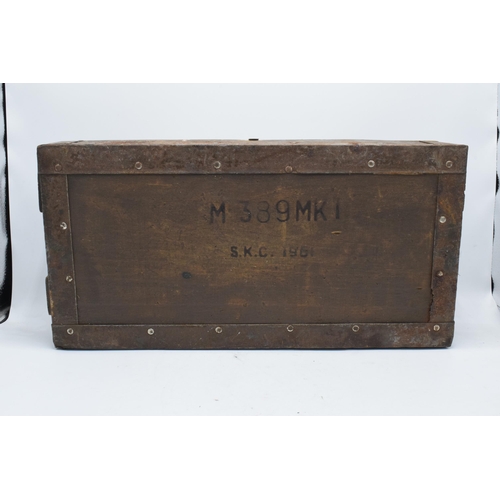 246 - A mid 20th century army wooden ammunition box 'M 389MKI S K C 1961' etched onto the front. 53 x 26 x... 