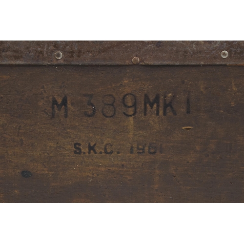 246 - A mid 20th century army wooden ammunition box 'M 389MKI S K C 1961' etched onto the front. 53 x 26 x... 