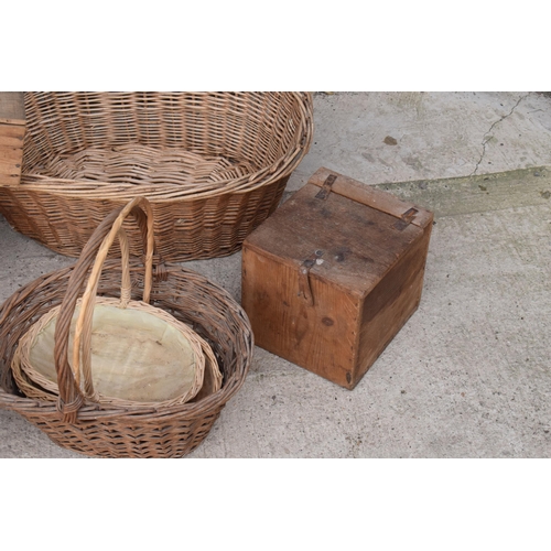 291 - A collection of vintage wicker baskets and wooden boxes of various forms